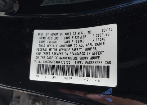 2016 Honda Accord Sport z USA, uszkodzony, nr VIN 1HGCR2F5XGA173130